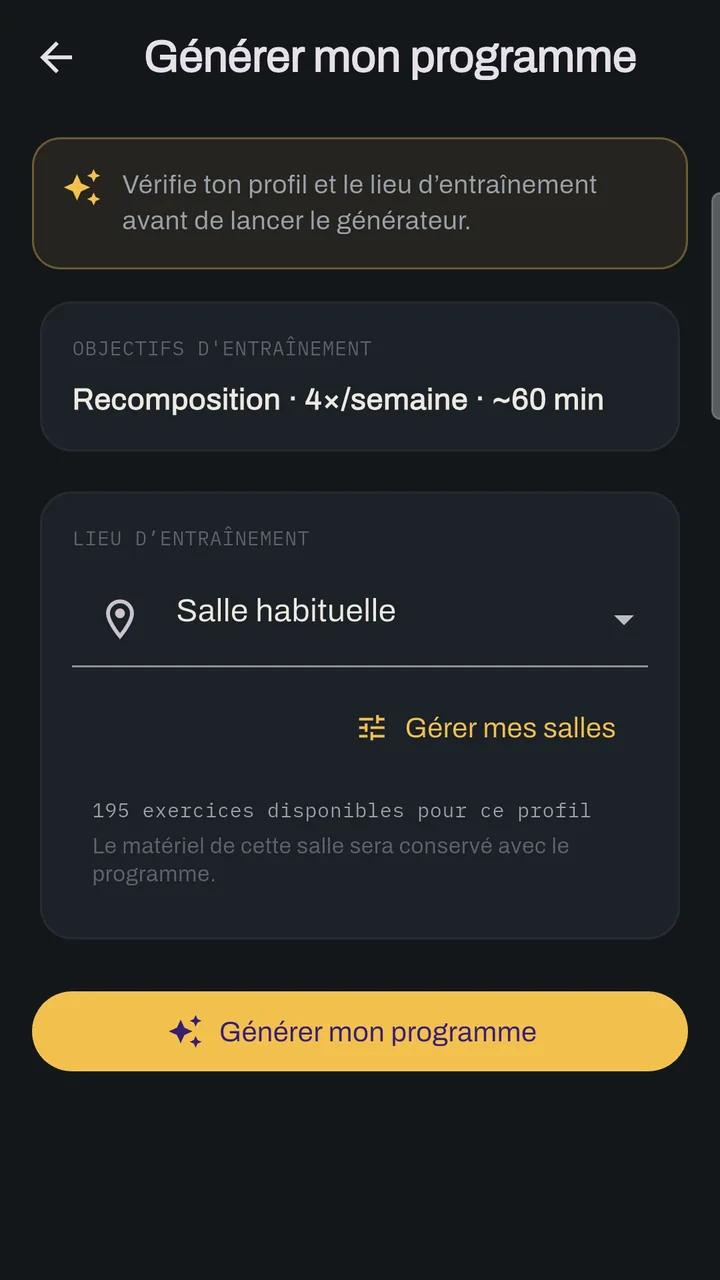 Écran Générer mon programme de Fonte : objectif, fréquence, durée et salle habituelle avec son matériel