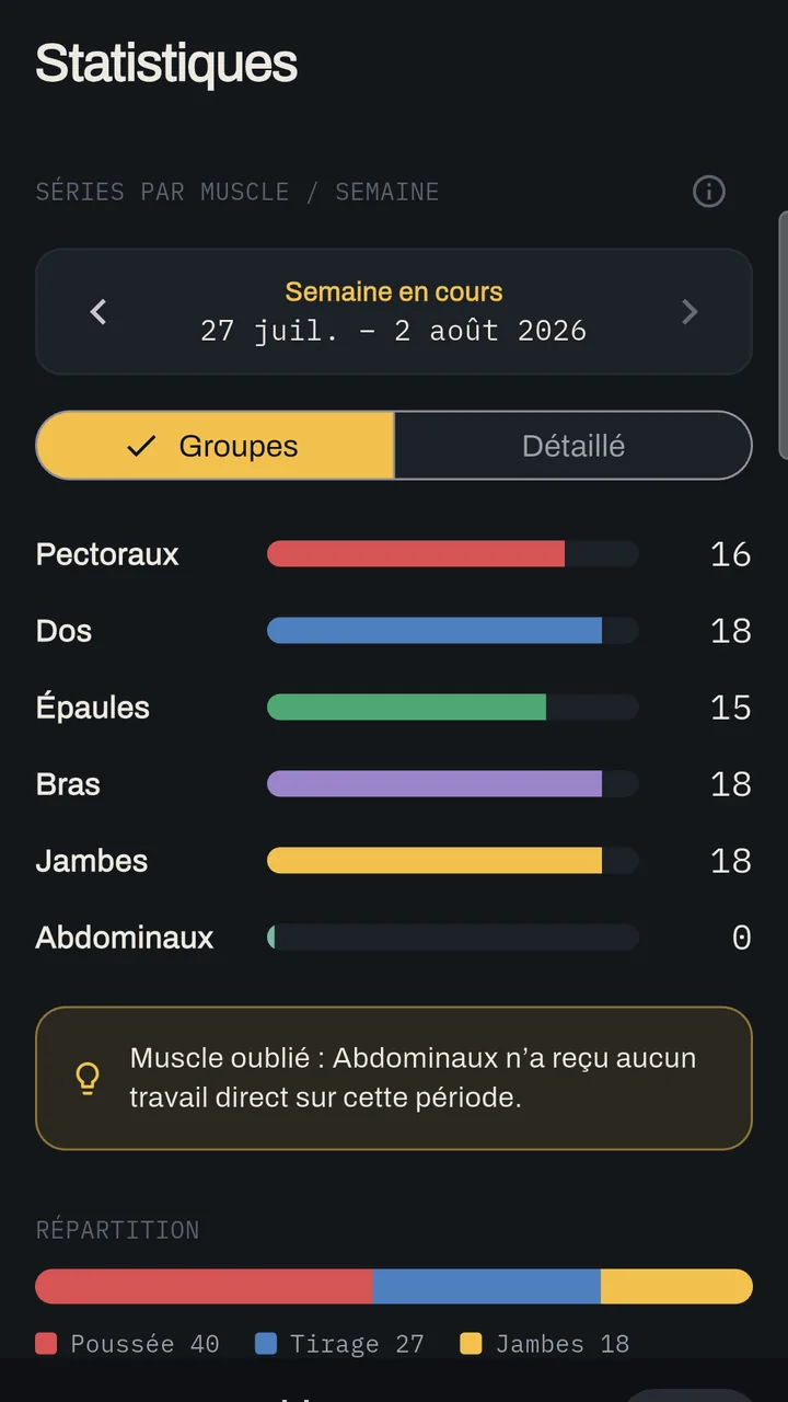 Écran Statistiques de Fonte : séries par muscle sur la semaine et répartition poussée, tirage, jambes